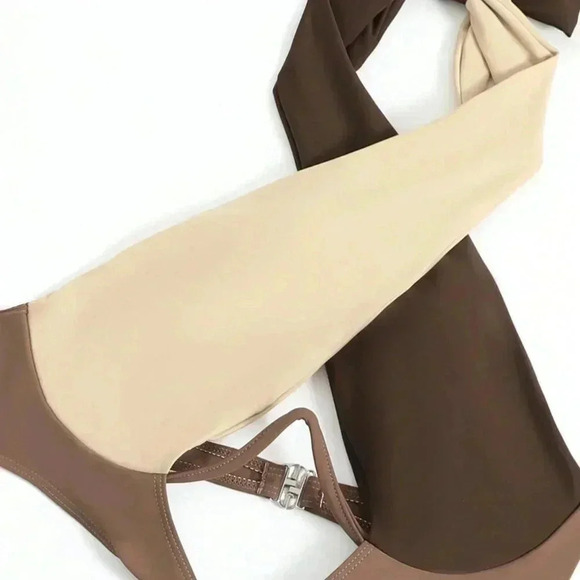 Multicolor Women's Beach Colorblock Criss Cross Halter One-Piece Swimsuit - Picture 4 of 6